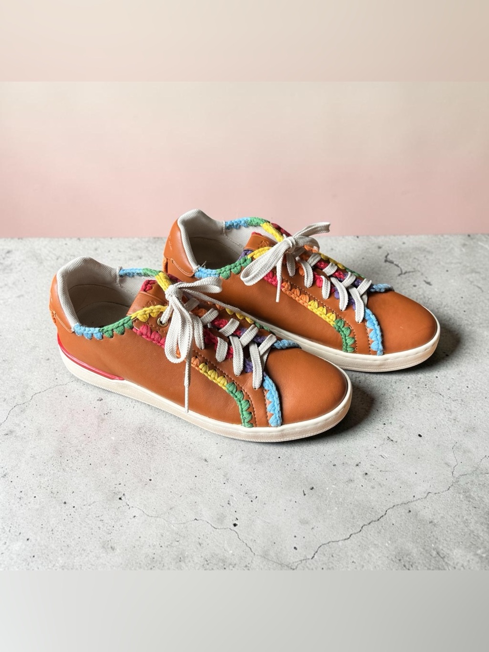 Coach Orange Leather Sneakers with Multicolor Crochet Trim - Picture 1 of 7